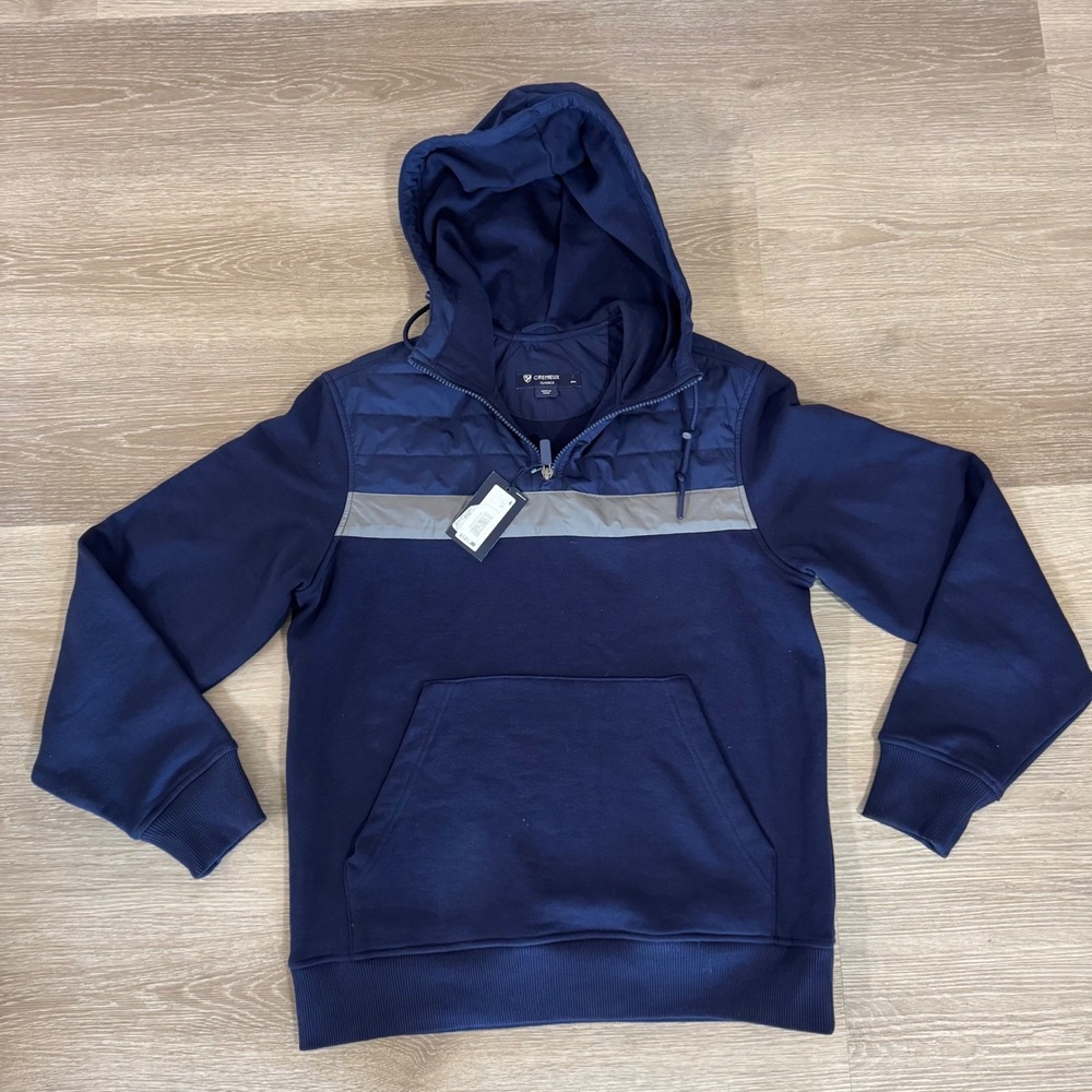 Cremieux Hoodie Mens Small Blue Quilted Mixed Media Quarter Zip Pullover New